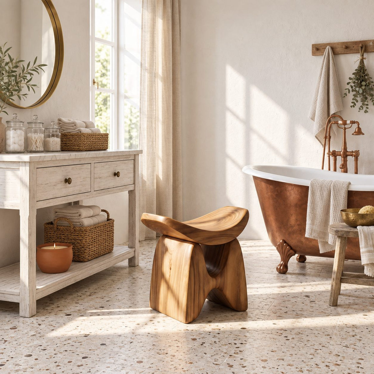 Low Wishbone Shower Stool, Carved Solid Wood Bath Seat with Upswept Saddle Top and Split Legs, 16 Inch
