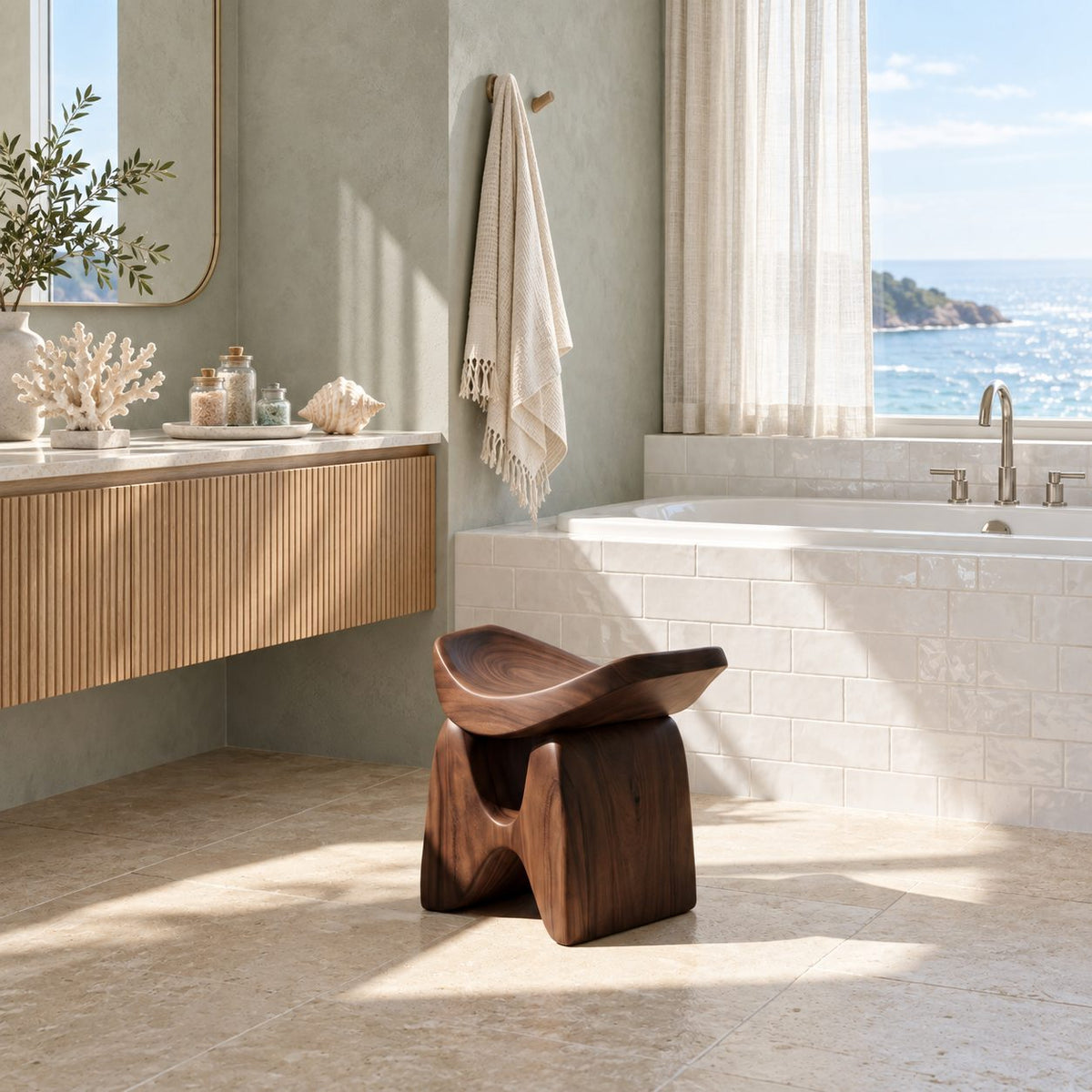 Low Wishbone Shower Stool, Carved Solid Wood Bath Seat with Upswept Saddle Top and Split Legs, 16 Inch