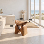 Low Wishbone Shower Stool, Carved Solid Wood Bath Seat with Upswept Saddle Top and Split Legs, 16 Inch