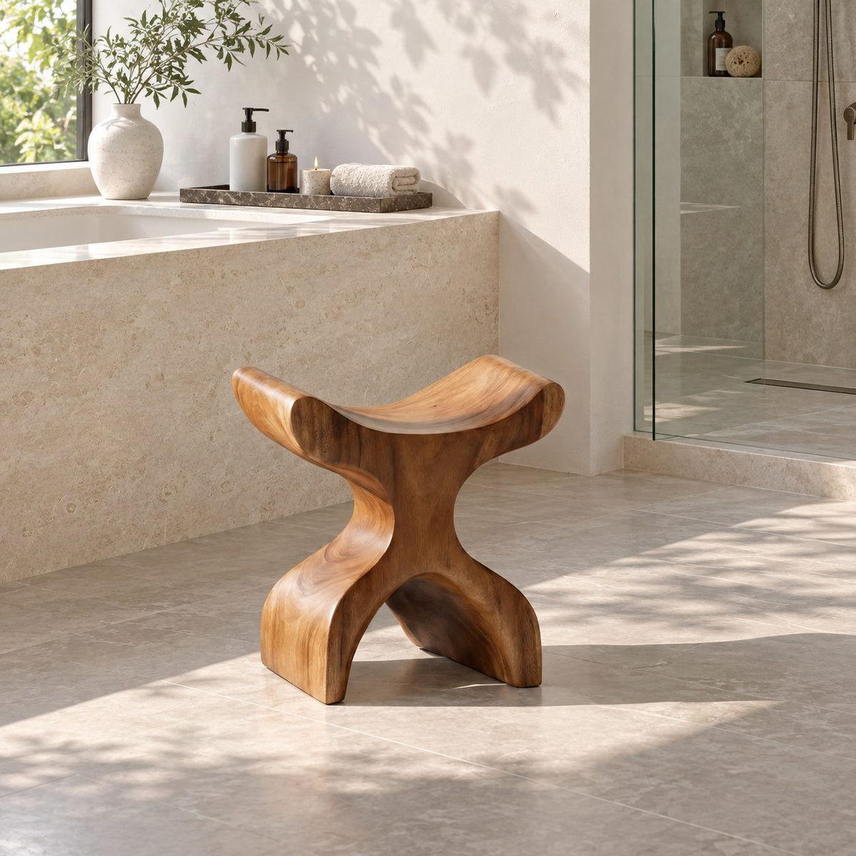 Hourglass X Shower Stool, Curved Solid Wood Bath Seat with Saddle Top and Crossed Sculpted Base, 16 Inch