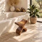 Hourglass X Shower Stool, Curved Solid Wood Bath Seat with Saddle Top and Crossed Sculpted Base, 16 Inch