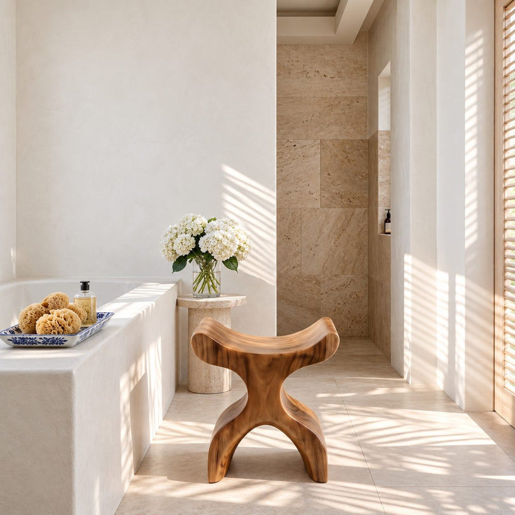 Hourglass X Shower Stool, Curved Solid Wood Bath Seat with Saddle Top and Crossed Sculpted Base, 16 Inch