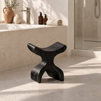 Hourglass X Shower Stool, Curved Solid Wood Bath Seat with Saddle Top and Crossed Sculpted Base, 16 Inch