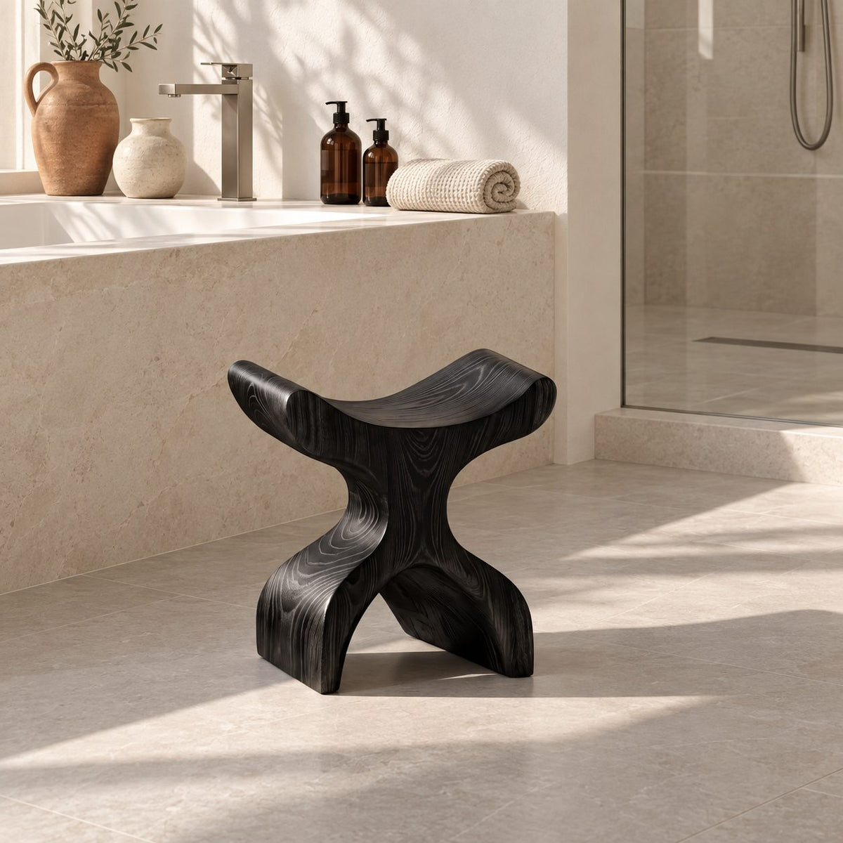Hourglass X Shower Stool, Curved Solid Wood Bath Seat with Saddle Top and Crossed Sculpted Base, 16 Inch