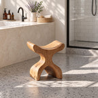 Hourglass X Shower Stool, Curved Solid Wood Bath Seat with Saddle Top and Crossed Sculpted Base, 16 Inch