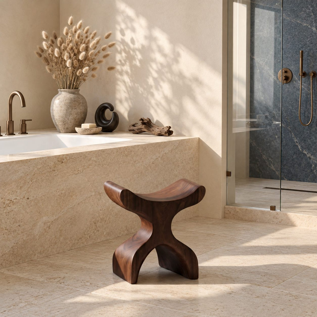 Hourglass X Shower Stool, Curved Solid Wood Bath Seat with Saddle Top and Crossed Sculpted Base, 16 Inch