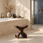 Hourglass X Shower Stool, Curved Solid Wood Bath Seat with Saddle Top and Crossed Sculpted Base, 16 Inch