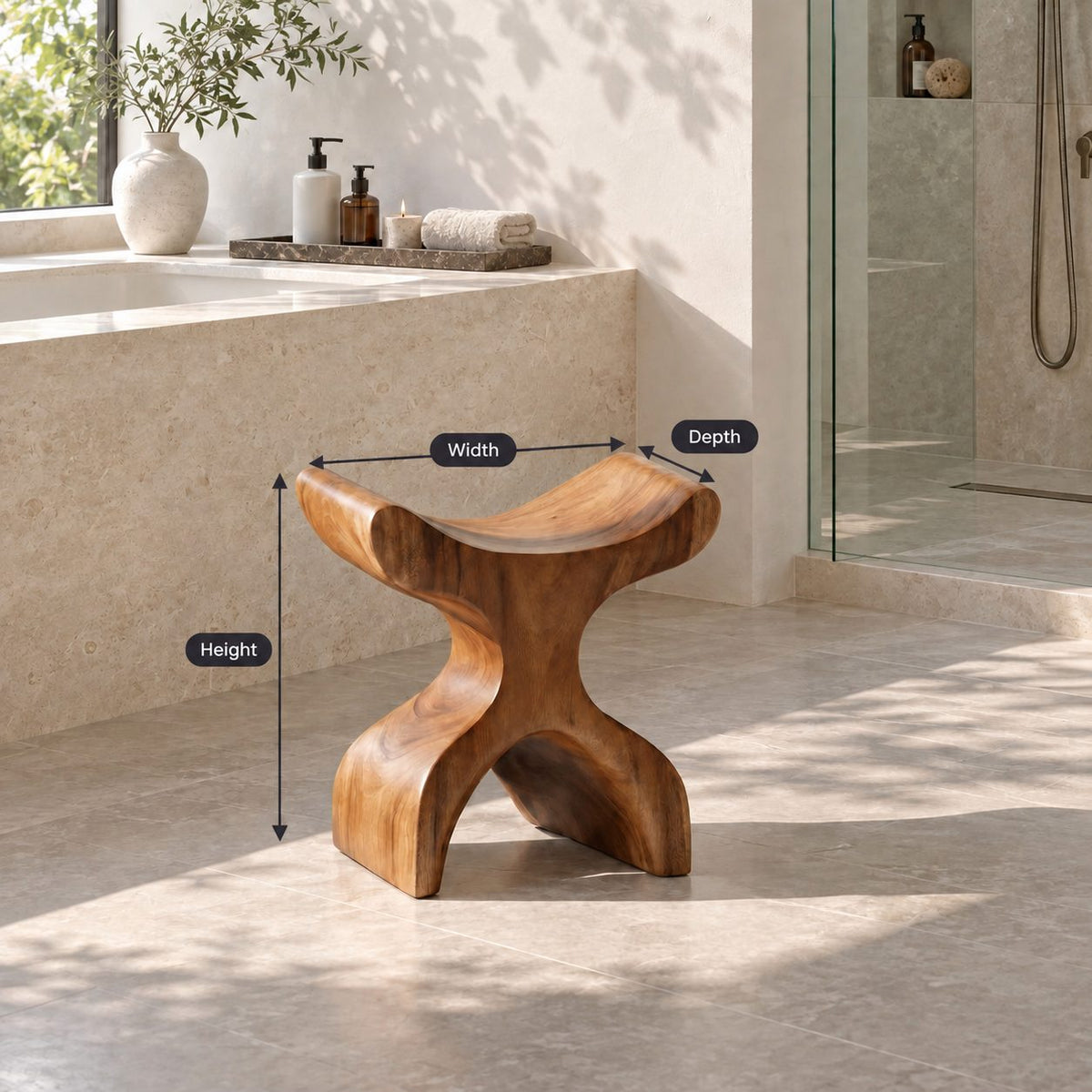 Hourglass X Shower Stool, Curved Solid Wood Bath Seat with Saddle Top and Crossed Sculpted Base, 16 Inch
