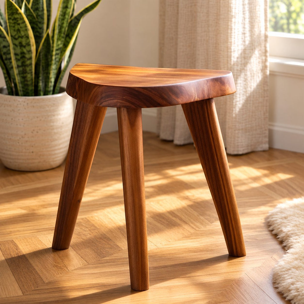 Three Leg Shower Stool, Small Solid Wood Bath Stool with Rounded D-Shaped Seat and Splayed Legs, 12 Inch