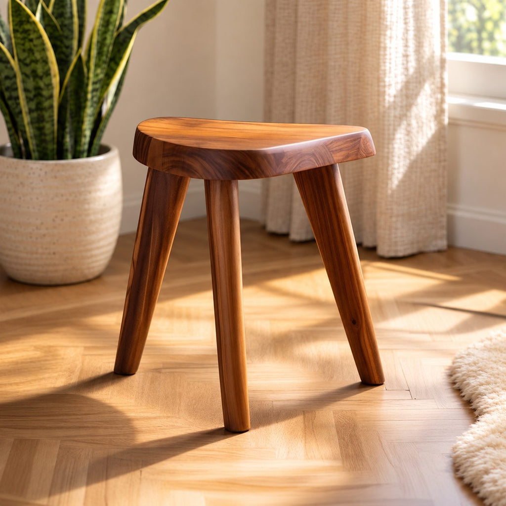 Three Leg Shower Stool, Small Solid Wood Bath Stool with Rounded D-Shaped Seat and Splayed Legs, 12 Inch