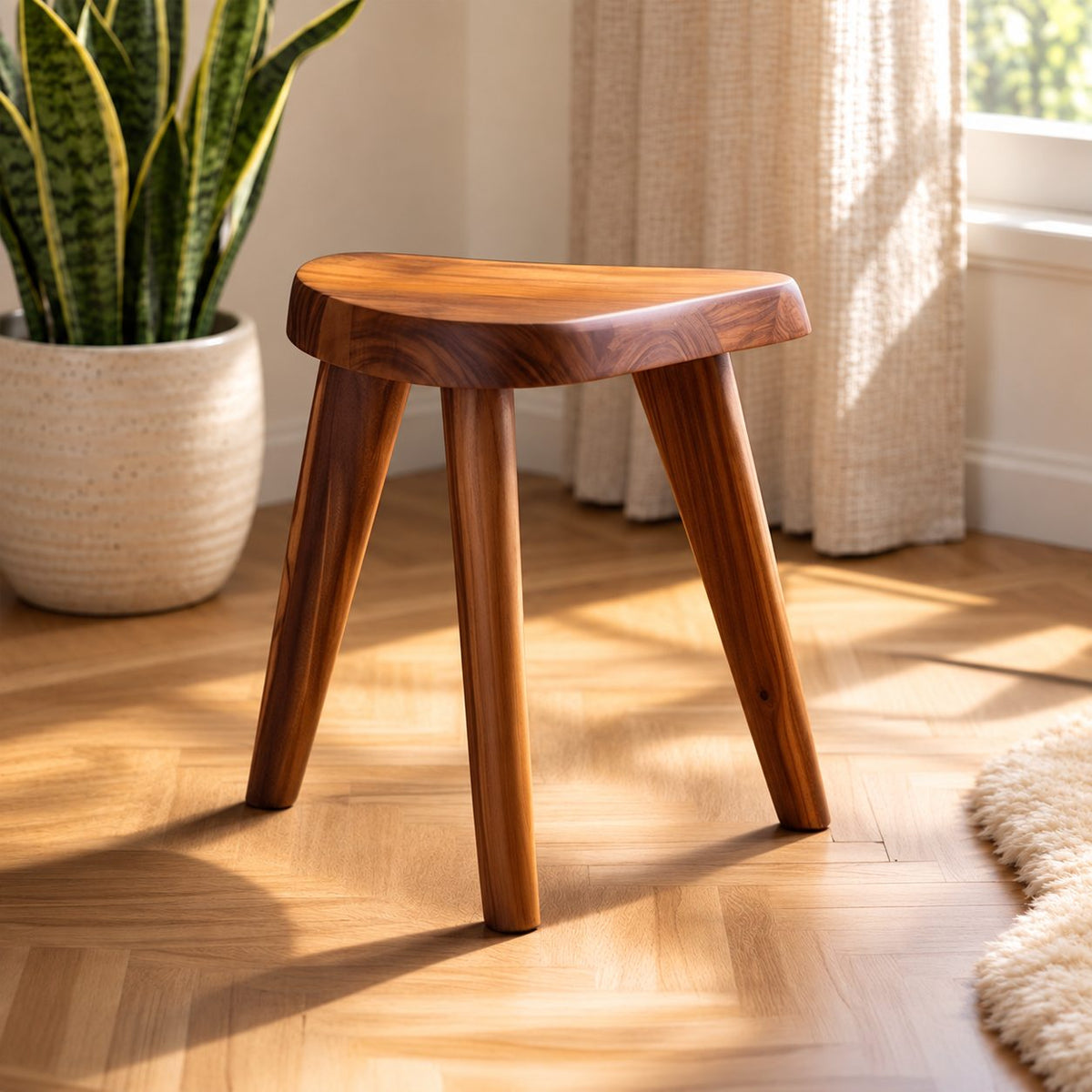 Three Leg Shower Stool, Small Solid Wood Bath Stool with Rounded D-Shaped Seat and Splayed Legs, 12 Inch