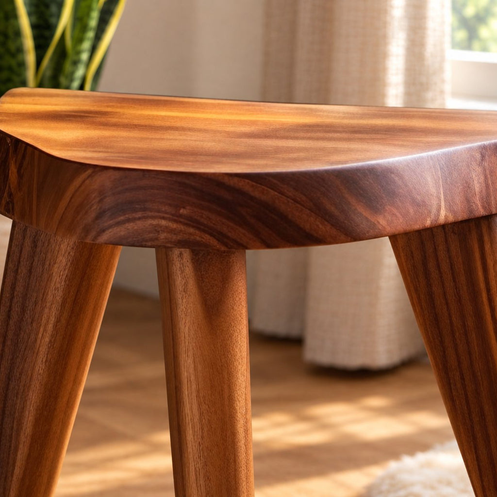 Three Leg Shower Stool, Small Solid Wood Bath Stool with Rounded D-Shaped Seat and Splayed Legs, 12 Inch