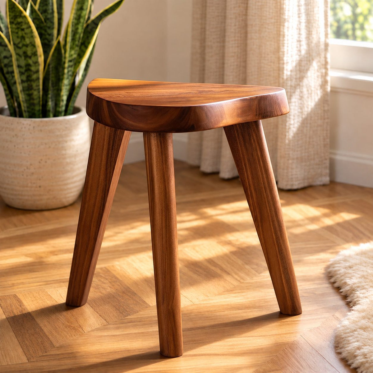 Three Leg Shower Stool, Small Solid Wood Bath Stool with Rounded D-Shaped Seat and Splayed Legs, 12 Inch