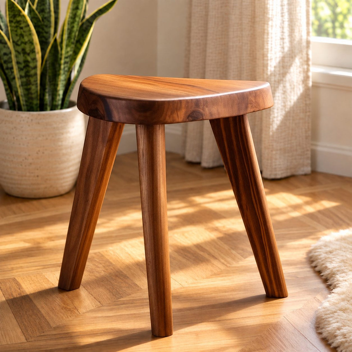 Three Leg Shower Stool, Small Solid Wood Bath Stool with Rounded D-Shaped Seat and Splayed Legs, 12 Inch