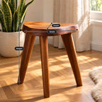 Three Leg Shower Stool, Small Solid Wood Bath Stool with Rounded D-Shaped Seat and Splayed Legs, 12 Inch