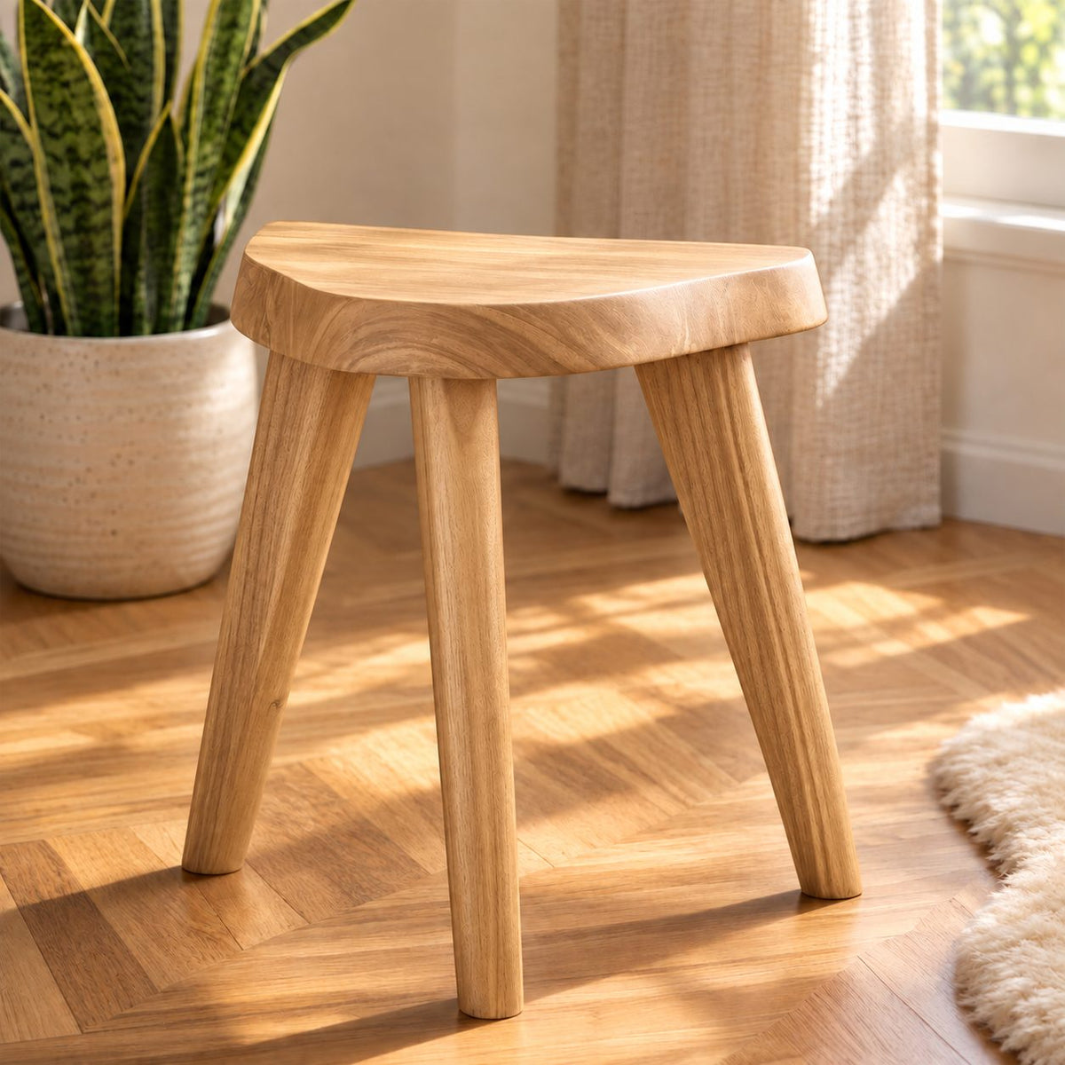 Three Leg Shower Stool, Small Solid Wood Bath Stool with Rounded D-Shaped Seat and Splayed Legs, 12 Inch