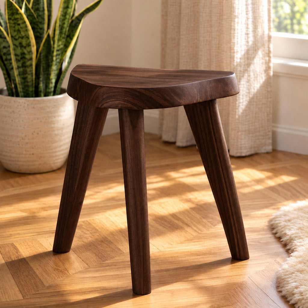 Three Leg Shower Stool, Small Solid Wood Bath Stool with Rounded D-Shaped Seat and Splayed Legs, 12 Inch
