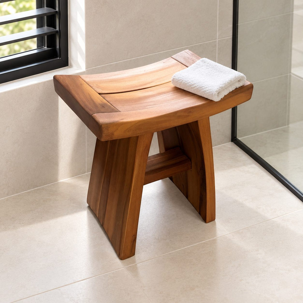 Framed Slat Saddle Shower Stool, Solid Wood Bath Seat with Curved Top and Flared Panel Legs, 22 Inch