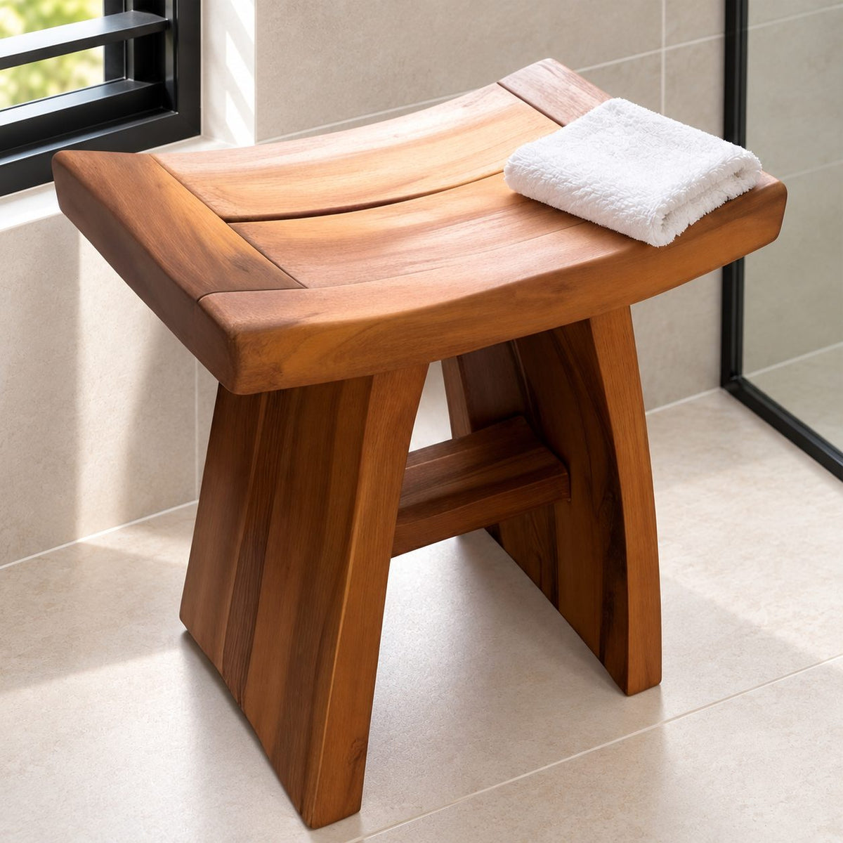 Framed Slat Saddle Shower Stool, Solid Wood Bath Seat with Curved Top and Flared Panel Legs, 22 Inch