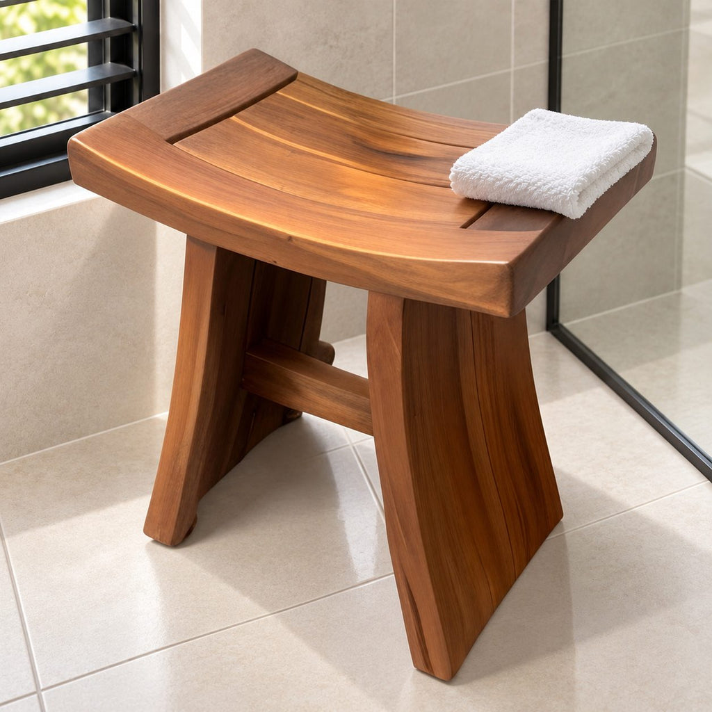Framed Slat Saddle Shower Stool, Solid Wood Bath Seat with Curved Top and Flared Panel Legs, 22 Inch