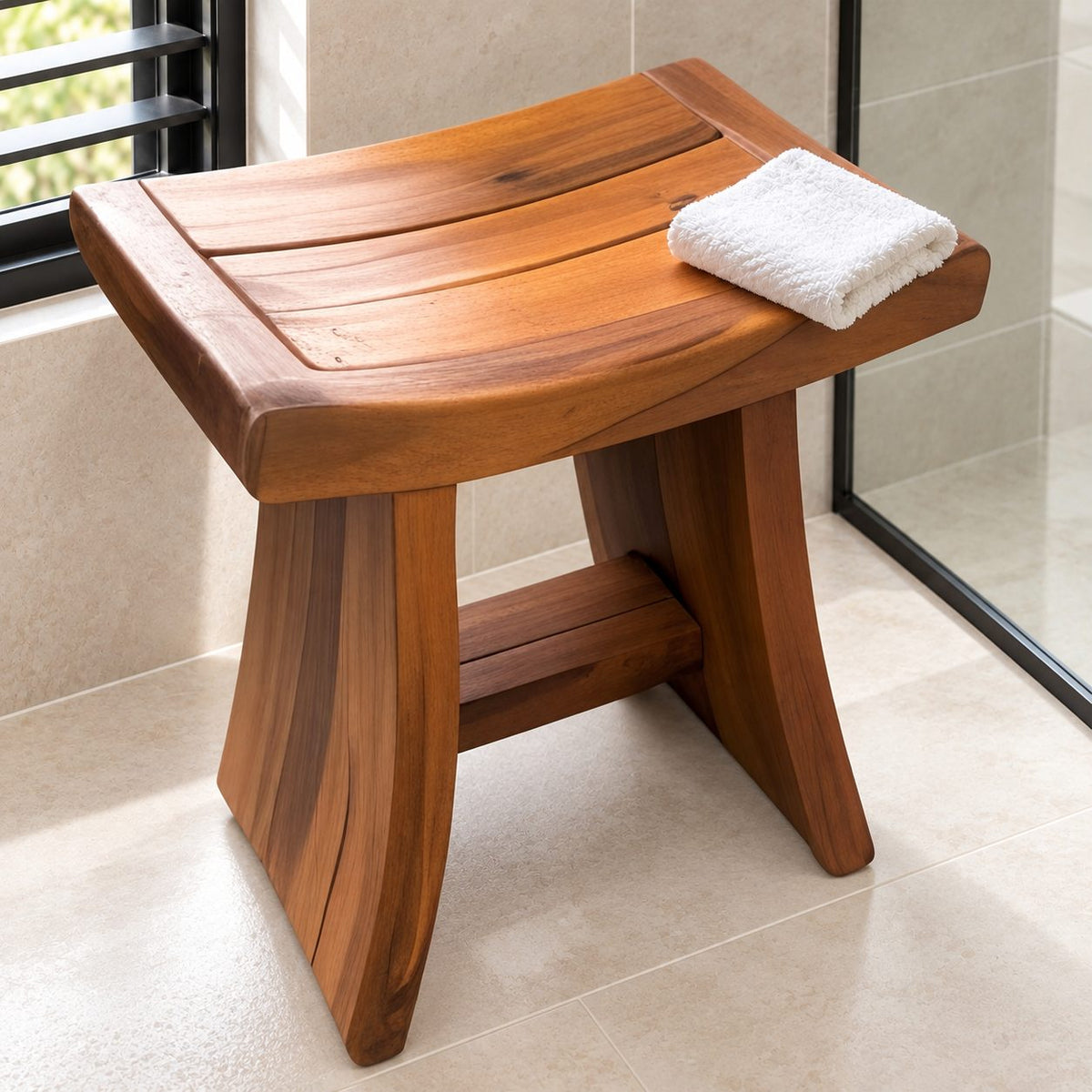 Framed Slat Saddle Shower Stool, Solid Wood Bath Seat with Curved Top and Flared Panel Legs, 22 Inch