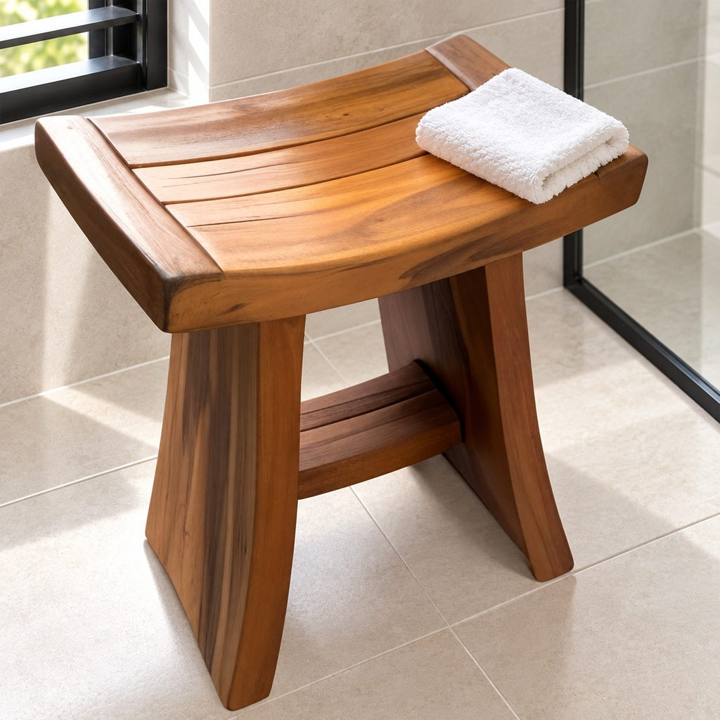 Framed Slat Saddle Shower Stool, Solid Wood Bath Seat with Curved Top and Flared Panel Legs, 22 Inch
