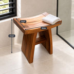 Framed Slat Saddle Shower Stool, Solid Wood Bath Seat with Curved Top and Flared Panel Legs, 22 Inch