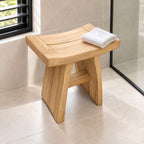Framed Slat Saddle Shower Stool, Solid Wood Bath Seat with Curved Top and Flared Panel Legs, 22 Inch