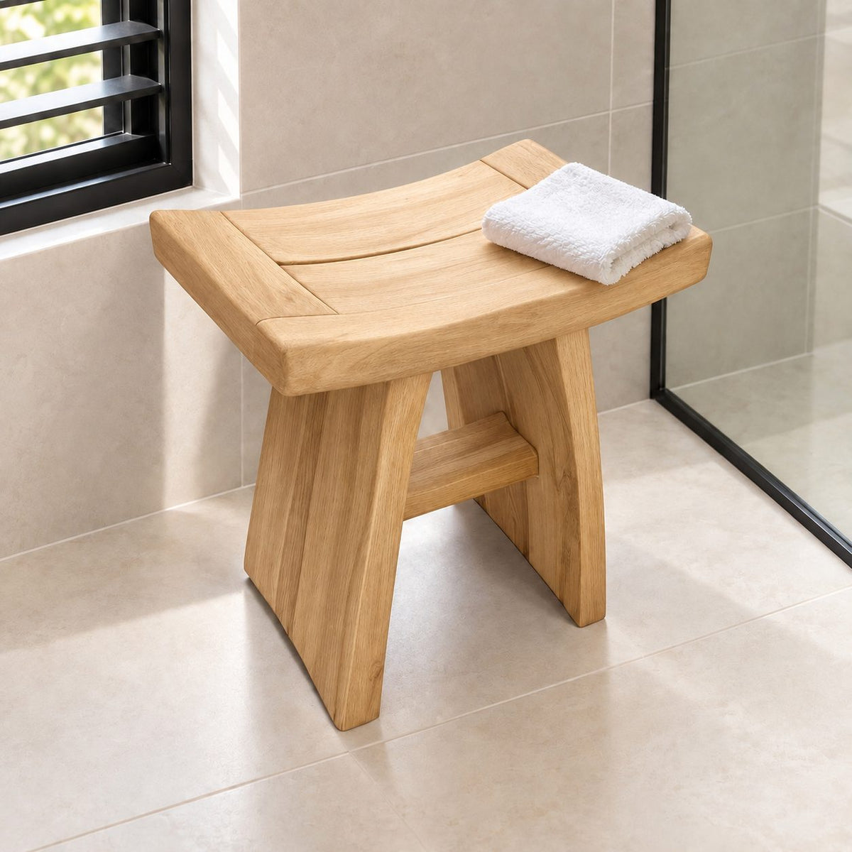 Framed Slat Saddle Shower Stool, Solid Wood Bath Seat with Curved Top and Flared Panel Legs, 22 Inch