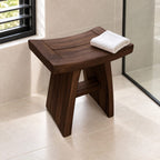 Framed Slat Saddle Shower Stool, Solid Wood Bath Seat with Curved Top and Flared Panel Legs, 22 Inch