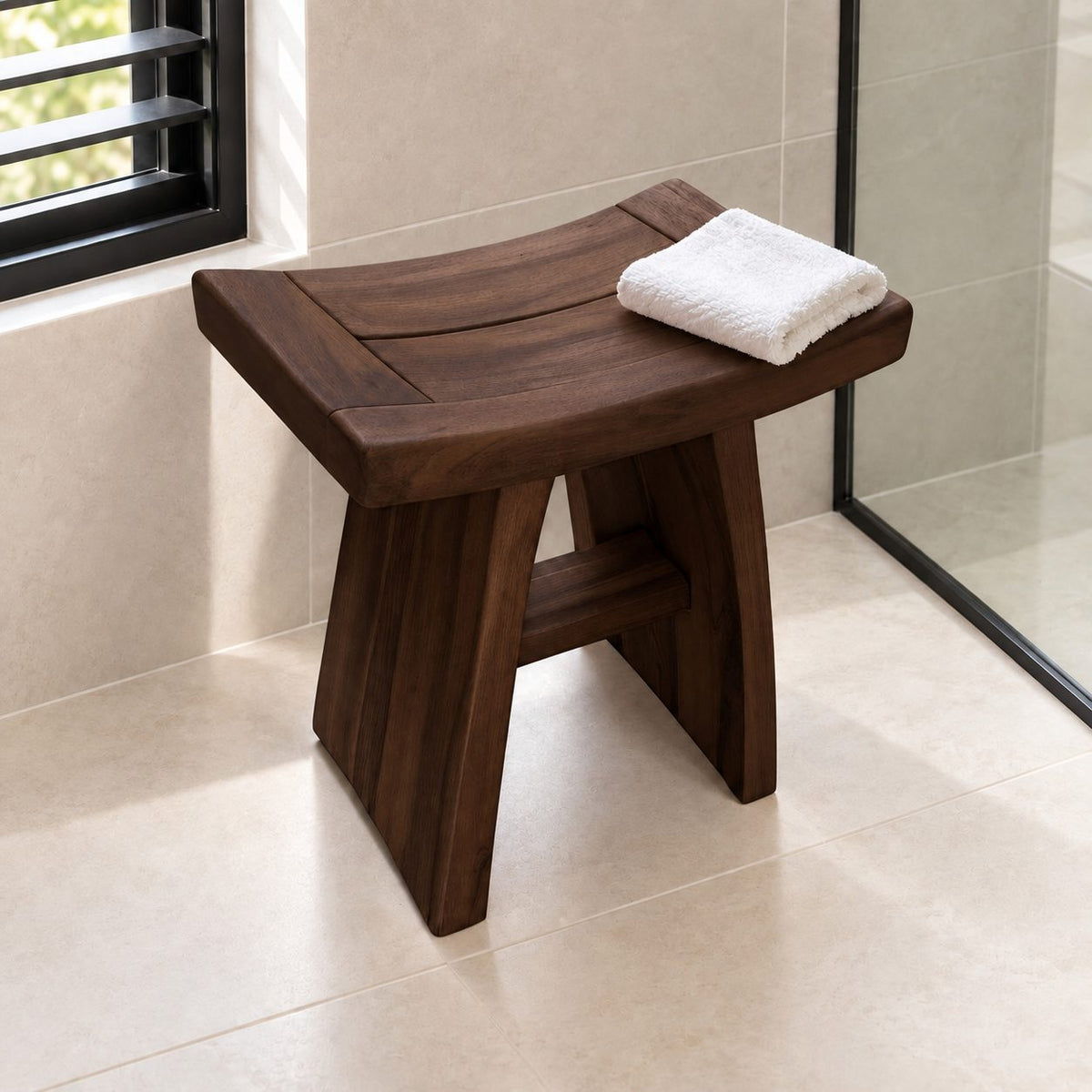 Framed Slat Saddle Shower Stool, Solid Wood Bath Seat with Curved Top and Flared Panel Legs, 22 Inch