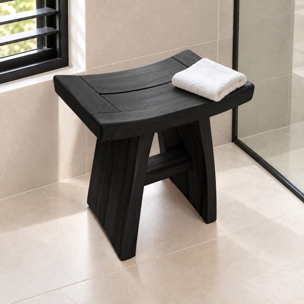 Framed Slat Saddle Shower Stool, Solid Wood Bath Seat with Curved Top and Flared Panel Legs, 22 Inch