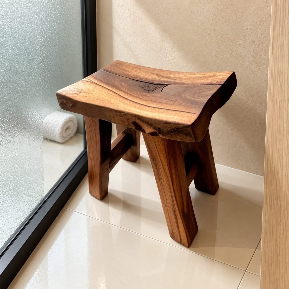 Rustic Knotty Shower Stool, Solid Wood Bath Seat with Dished Natural Edge Top and Splayed Legs, 22 Inch