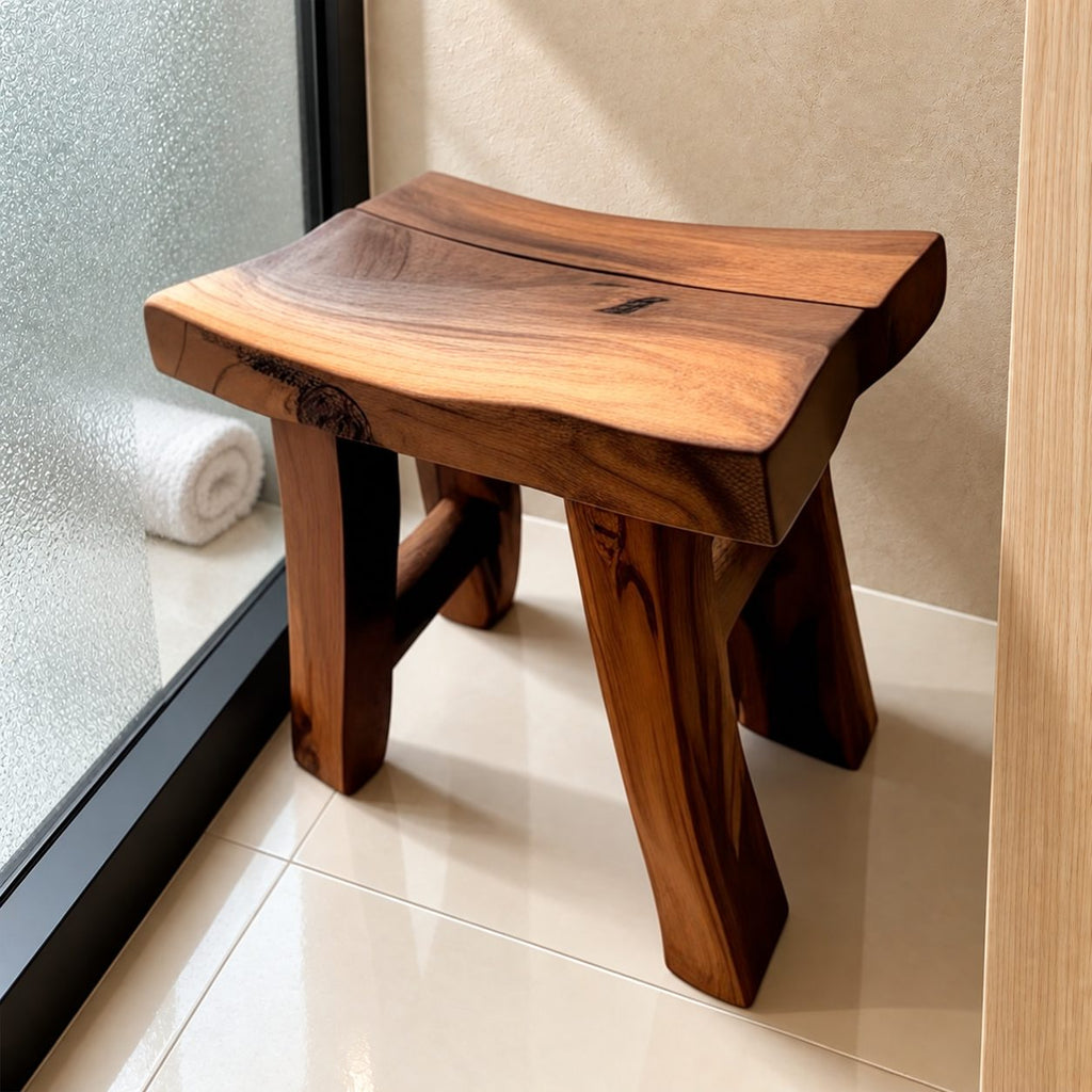Rustic Knotty Shower Stool, Solid Wood Bath Seat with Dished Natural Edge Top and Splayed Legs, 22 Inch