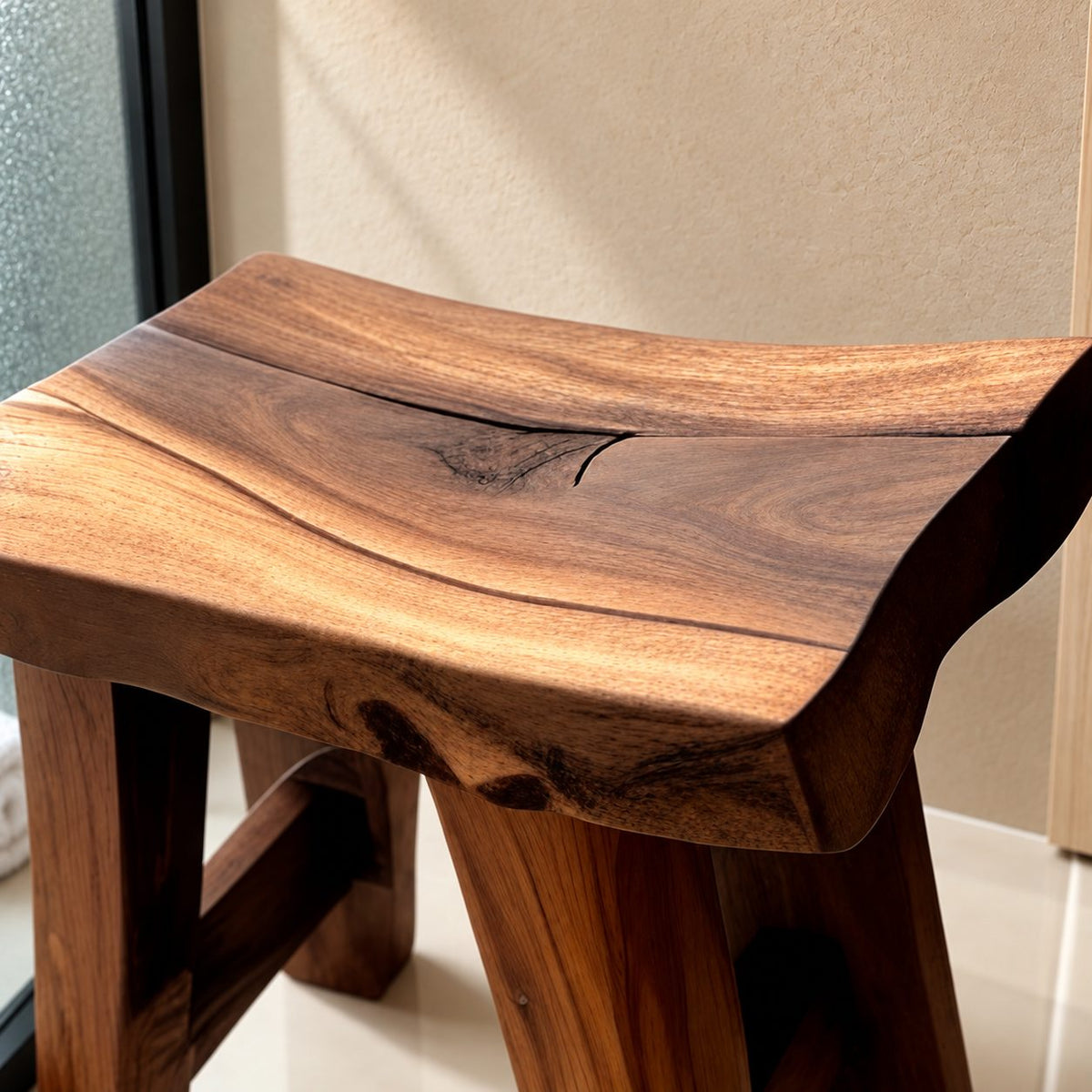 Rustic Knotty Shower Stool, Solid Wood Bath Seat with Dished Natural Edge Top and Splayed Legs, 22 Inch