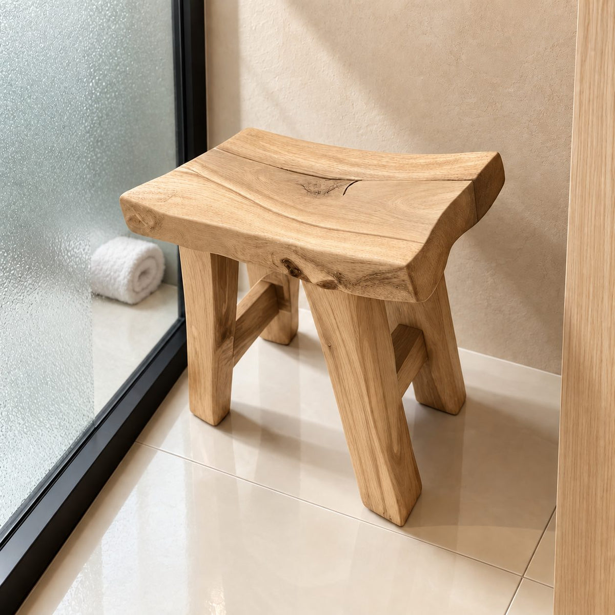 Rustic Knotty Shower Stool, Solid Wood Bath Seat with Dished Natural Edge Top and Splayed Legs, 22 Inch