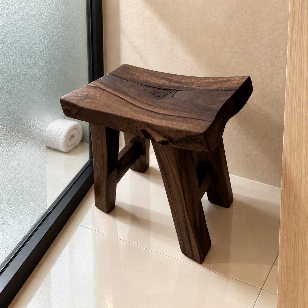 Rustic Knotty Shower Stool, Solid Wood Bath Seat with Dished Natural Edge Top and Splayed Legs, 22 Inch
