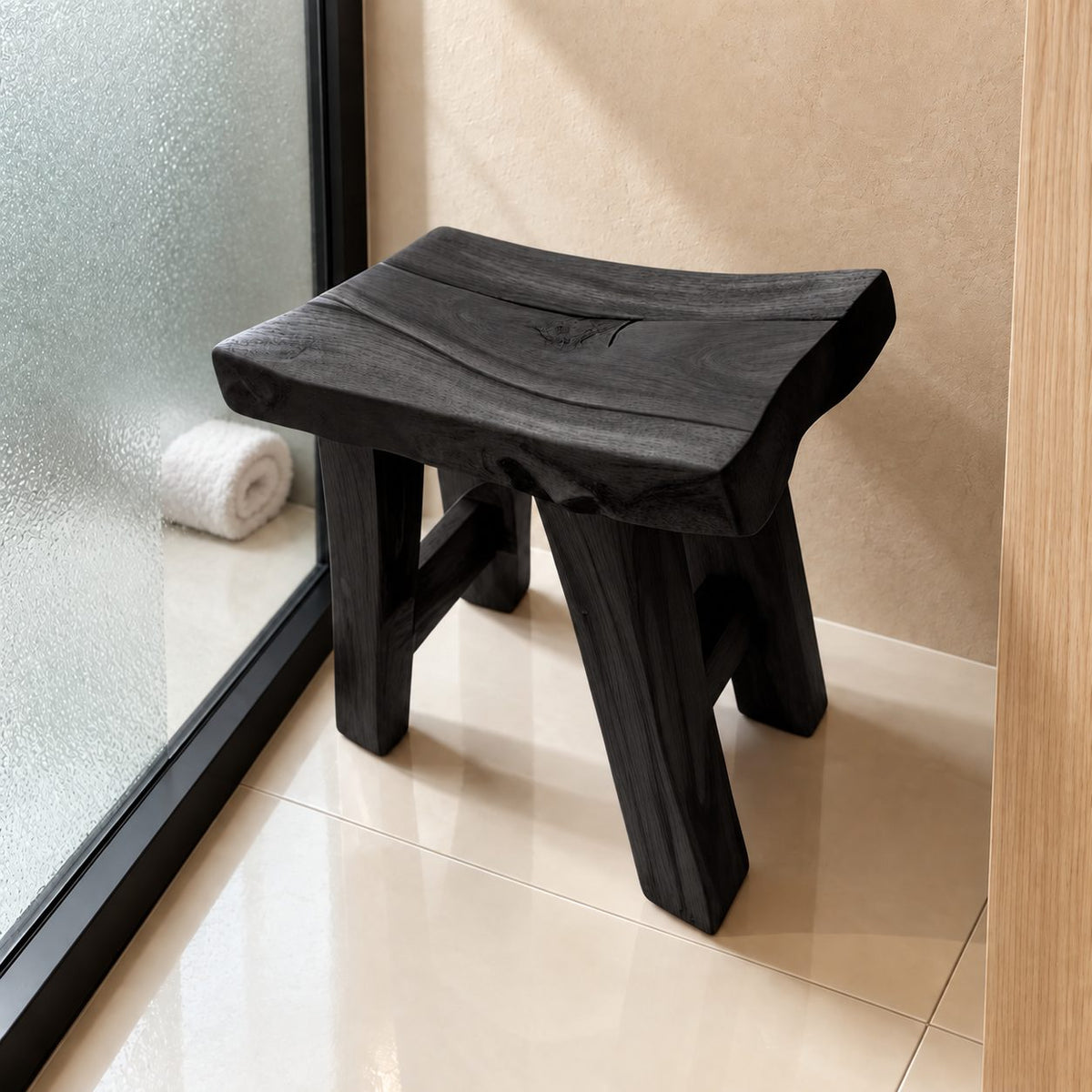 Rustic Knotty Shower Stool, Solid Wood Bath Seat with Dished Natural Edge Top and Splayed Legs, 22 Inch