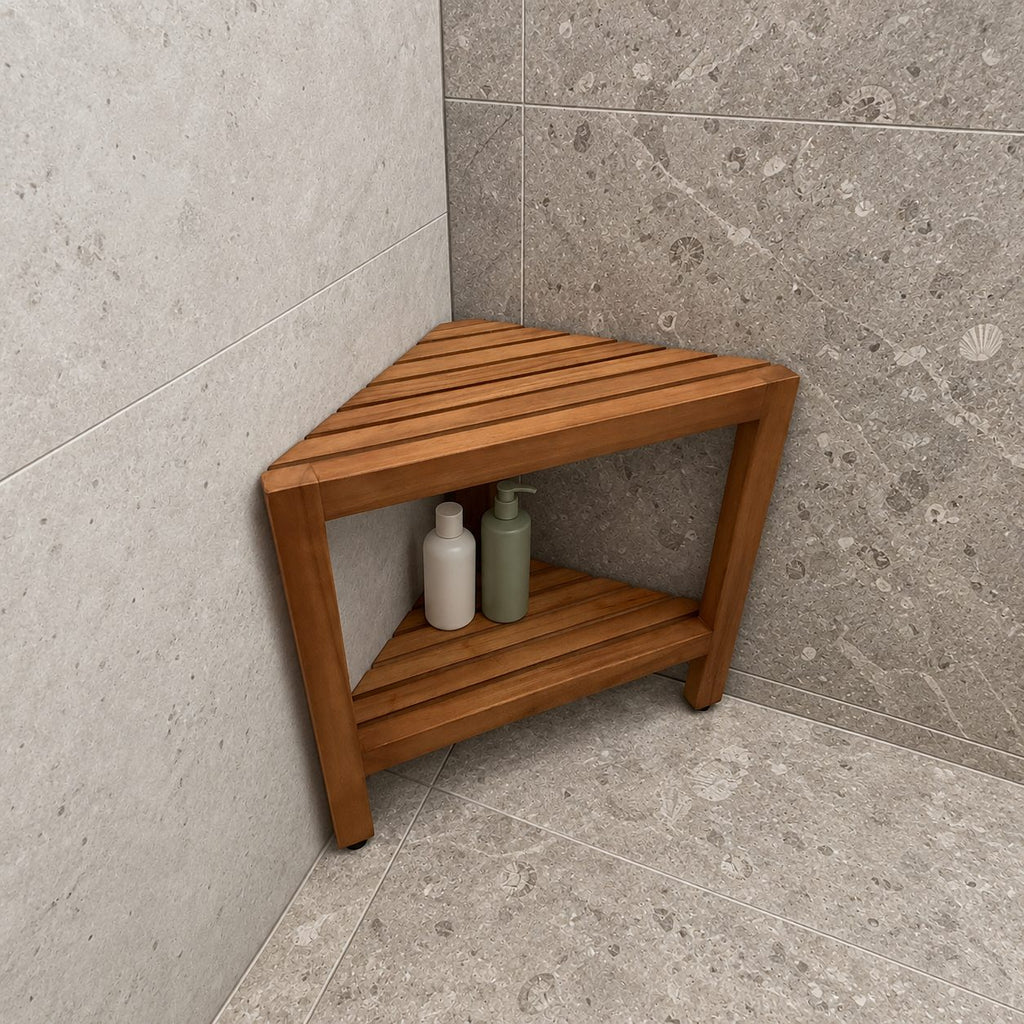 Corner Shower Stool with Shelf, Triangle Solid Wood Shower Seat with Slatted Top and Lower Shelf, 17 Inch