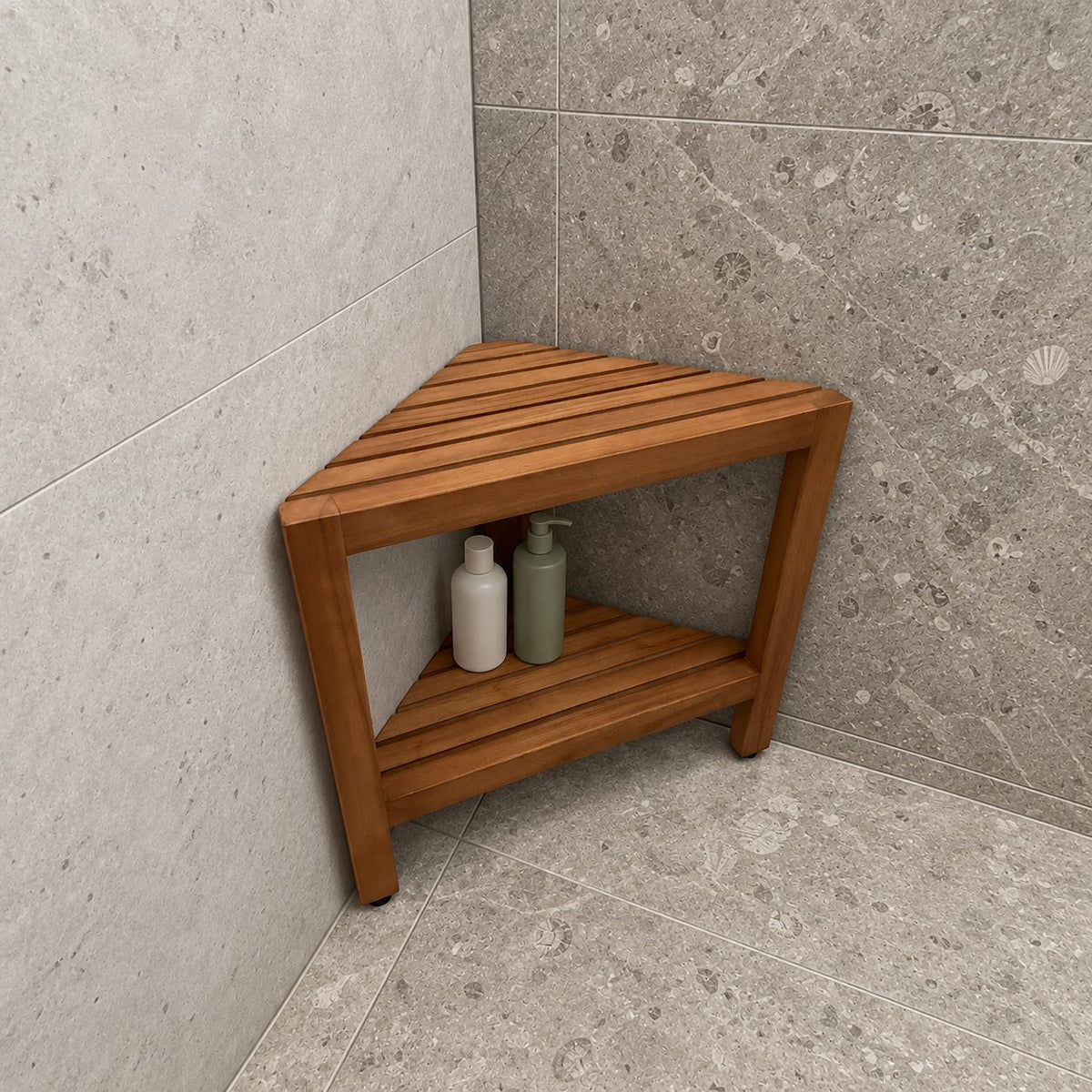 Corner Shower Stool with Shelf, Triangle Solid Wood Shower Seat with Slatted Top and Lower Shelf, 17 Inch