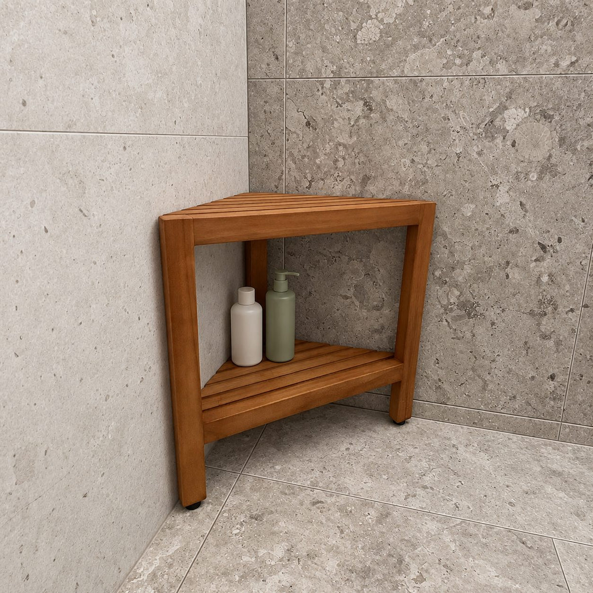 Corner Shower Stool with Shelf, Triangle Solid Wood Shower Seat with Slatted Top and Lower Shelf, 17 Inch