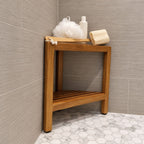 Corner Shower Stool with Shelf, Triangle Solid Wood Shower Seat with Slatted Top and Lower Shelf, 17 Inch