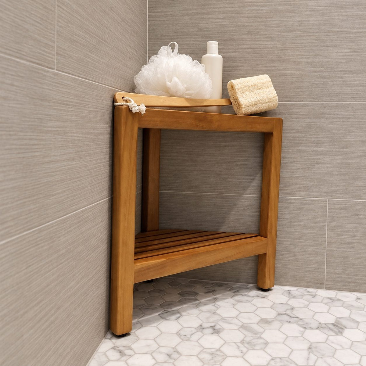 Corner Shower Stool with Shelf, Triangle Solid Wood Shower Seat with Slatted Top and Lower Shelf, 17 Inch