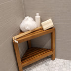 Corner Shower Stool with Shelf, Triangle Solid Wood Shower Seat with Slatted Top and Lower Shelf, 17 Inch