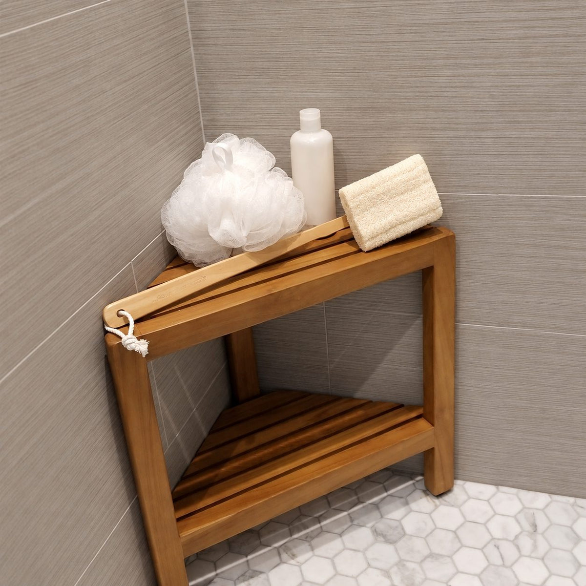 Corner Shower Stool with Shelf, Triangle Solid Wood Shower Seat with Slatted Top and Lower Shelf, 17 Inch