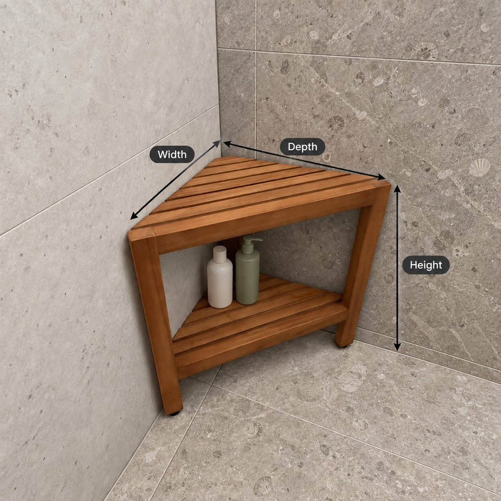 Corner Shower Stool with Shelf, Triangle Solid Wood Shower Seat with Slatted Top and Lower Shelf, 17 Inch