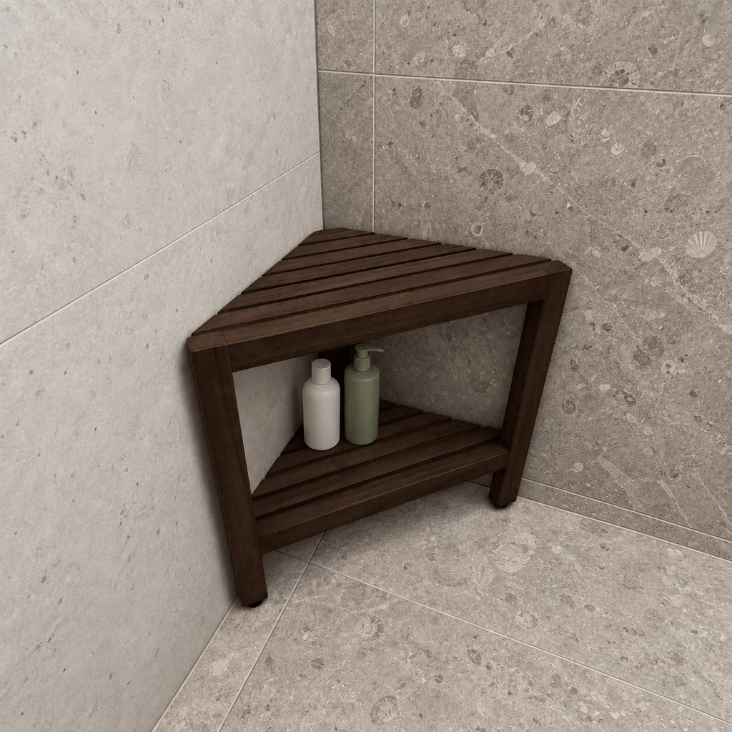 Corner Shower Stool with Shelf, Triangle Solid Wood Shower Seat with Slatted Top and Lower Shelf, 17 Inch