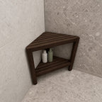 Corner Shower Stool with Shelf, Triangle Solid Wood Shower Seat with Slatted Top and Lower Shelf, 17 Inch