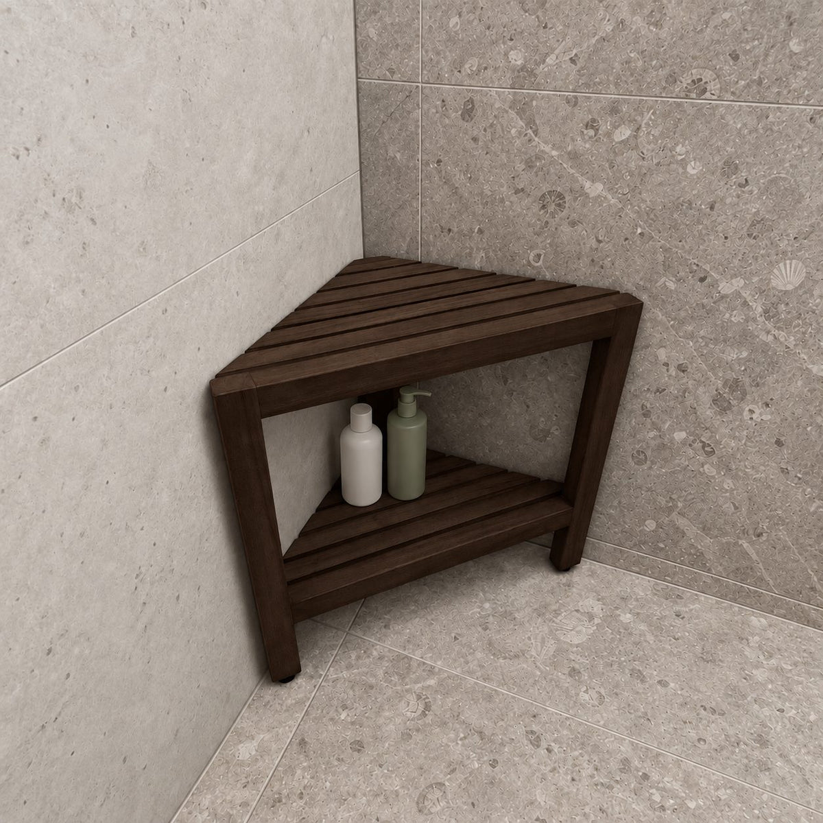 Corner Shower Stool with Shelf, Triangle Solid Wood Shower Seat with Slatted Top and Lower Shelf, 17 Inch