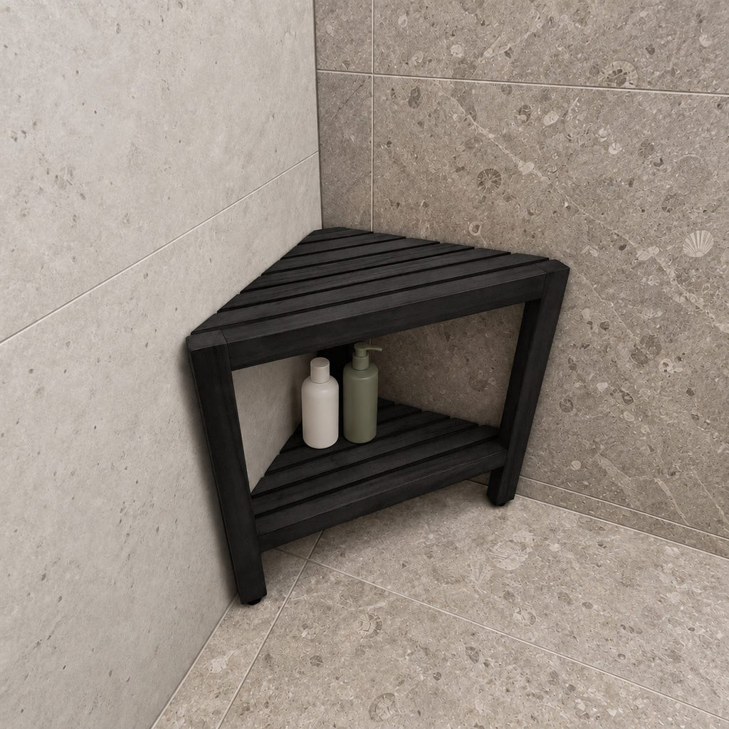 Corner Shower Stool with Shelf, Triangle Solid Wood Shower Seat with Slatted Top and Lower Shelf, 17 Inch